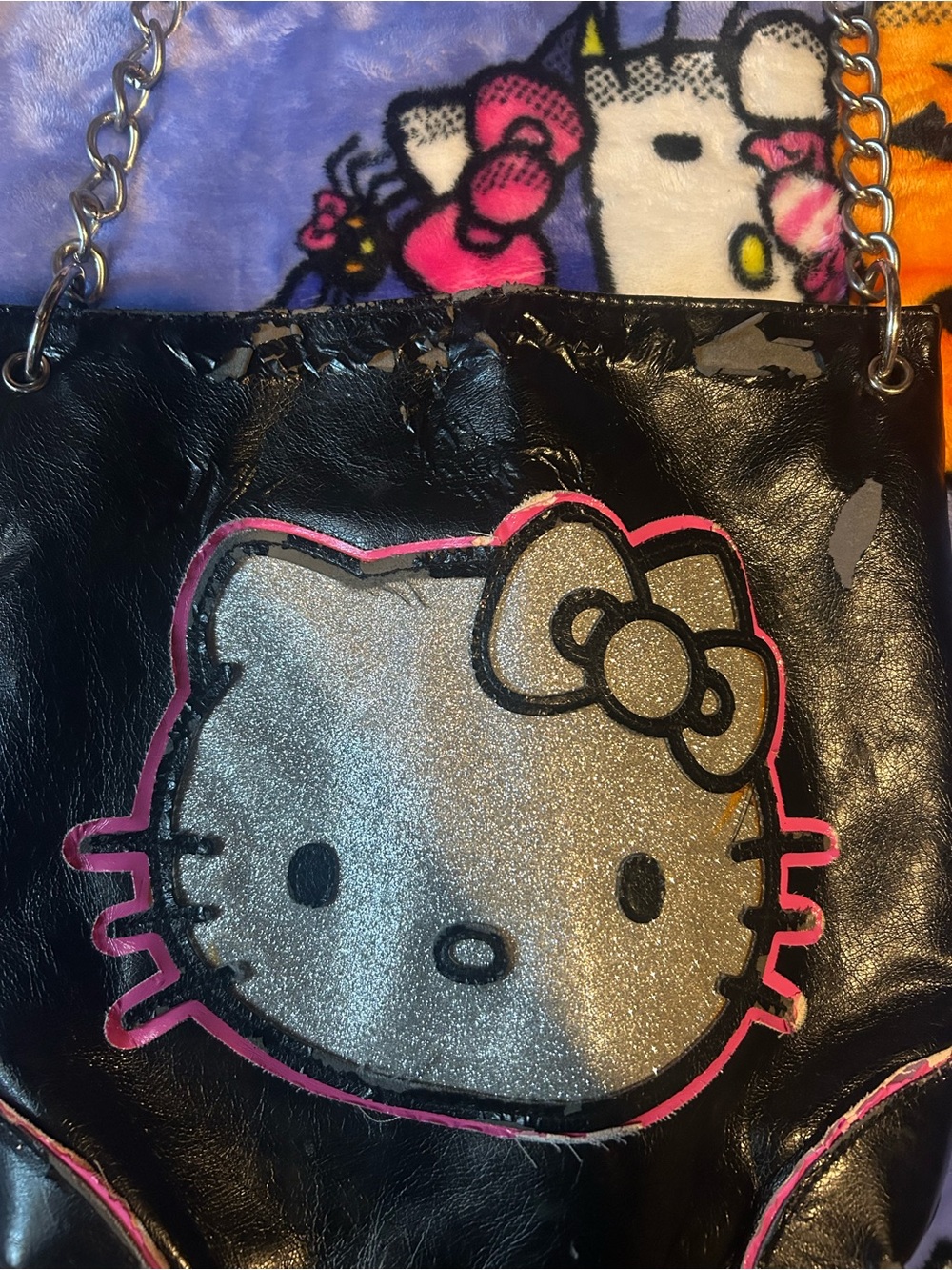 Hello Kitty Black Shoulder Bag with Silver Glitter Face and Pink Trim